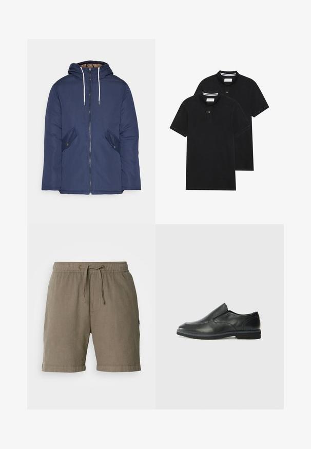 Jūras zila pufīgā jaka ar kapuci, kas aprīkota ar priekšējo rāvējslēdzēju, divām sānu kabatām ar pogām un baltiem aukliņām.; Divas melnas polo krekli, īsām piedurknēm, no kokvilnas materiāla, ar klasisku apkakli, divu pogu aizdari un balti svītroti akcenti apkakles iekšpusē.; Bežīgi lina šorti ar elastīgu jostasvietu un aukliņu. Iekļauj sānu kabatas un apmales, nodrošinot brīvu piegriezumu.; Melnas ādas slip-on kurpes ar gludu augšdaļu, izšūtām akcentiem, noapaļotu purngala daļu un zemu gumijas papēdi. Zole ar minimālu rakstu.