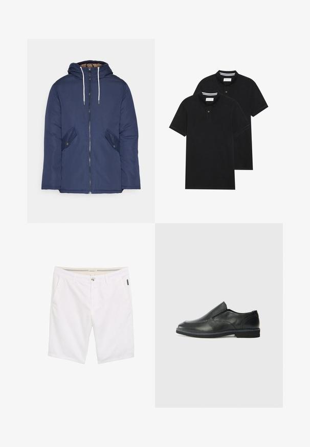 Jūrinė mėlyna pūkinė striukė su kapišonu, turinti priekinį užtrauktuką, dvi šonines kišenes su sagomis ir baltus raiščius.; Du žaidimų juodos polo marškiniai, trumpomis rankovėmis, pagaminti iš medvilnės, su klasikinėmis apykaklėmis, dviem mygtukais priekyje ir baltais dryžiais apykaklės viduje.; Balti šortai su užtrauktuku ir mygtuko uždarymu, dviem šoninėmis kišenėmis ir tekstūruotu audiniu su subtiliais siuvinėjimo akcentais.; Juodai odiniai įtvirtinimo batai su lygiu paviršiumi, siuvinėjimo akcentais, apvalia nosimi ir žemu guminiu kulnu. Pado raštas minimalus.