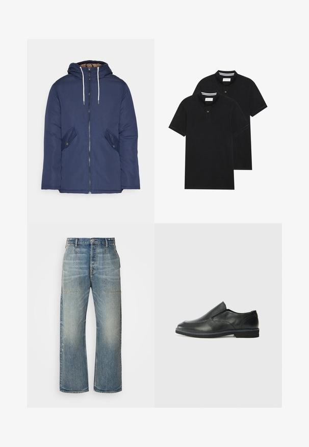 Veste matelassée bleu marine avec capuche, dotée d'une fermeture éclair à l'avant, de deux poches latérales avec boutons et de cordons de serrage blancs.; Deux polos noirs, à manches courtes, en coton, avec un col classique, une patte de boutonnage à deux boutons, et des accents rayés blancs à l'intérieur du col.; Jeans en denim bleu clair à jambes larges avec une taille haute, deux poches avant et un léger dégradé. Design classique à cinq poches.; Chaussure slip-on en cuir noir avec une tige lisse, des accents cousus, un bout arrondi et un petit talon en caoutchouc. La semelle présente un profil de traction minimal.