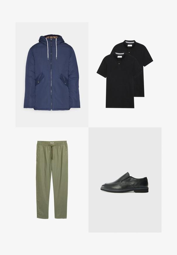 Marineblau gepadded Jacke mit Kapuze, ausgestattet mit einem Reißverschluss vorne, zwei seitlichen Taschen mit Knöpfen und weißen Kordeln.; Zwei schwarze Polohemden, kurzärmlig, aus Baumwolle, mit einem klassischen Kragen, zwei Knöpfen und weißen Streifenakzenten im Inneren des Kragens.; Olivengrüne, leichte, tapered Hosen mit elastischem Bund und Kordelzug. Verfügt über Seitentaschen und eine glatte Textur.; Schwarze Leder-Slipper mit glattem Obermaterial, gesteppten Akzenten, runder Zehenpartie und niedrigem Gummiabsatz. Die Sohle hat ein minimales Profil.