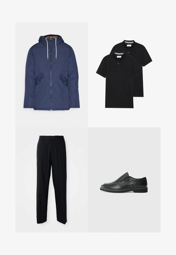 Casaco acolchoado azul-marinho com capuz, apresentando um fecho frontal com zíper, dois bolsos laterais com botões e cordões brancos.; Duas camisetas polo pretas, de manga curta, em material de algodão, com colarinho clássico, abertura com dois botões e detalhes em riscas brancas no interior do colarinho.; Calças pretas de perna reta com passantes para cinto, fecho de botão e um design elegante e minimalista sobre um fundo neutro.; Sapato slip-on preto em pele com um upper liso, acabamentos cosidos, bico arredondado e um salto de borracha baixo. A sola apresenta um padrão de aderência mínimo.