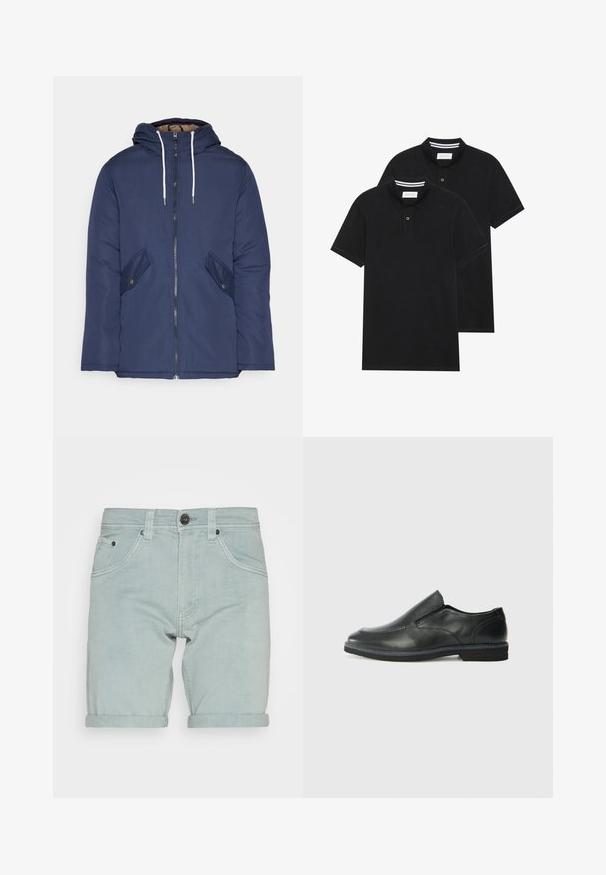 Sötétkék bélelt dzseki kapucnival, elülső cipzárral, két oldalsó zsebbel gombokkal és fehér húzózsinórokkal.; Két fekete pólóing, rövid ujjú, pamut anyagból készült, klasszikus gallérral, két gombos gombolással, és fehér csíkos díszítéssel a gallér belső részén.; Világoskék farmer rövidnadrág, feltekerhető szegéllyel, elülső zsebekkel és egy fekete gombbal a derékon. Simáf felület.; Fekete bőr, slip-on cipő sima felsőrésszel, varrott díszítéssel, lekerekített orral és alacsony gumitalppal. A talpa minimális bordázattal rendelkezik.