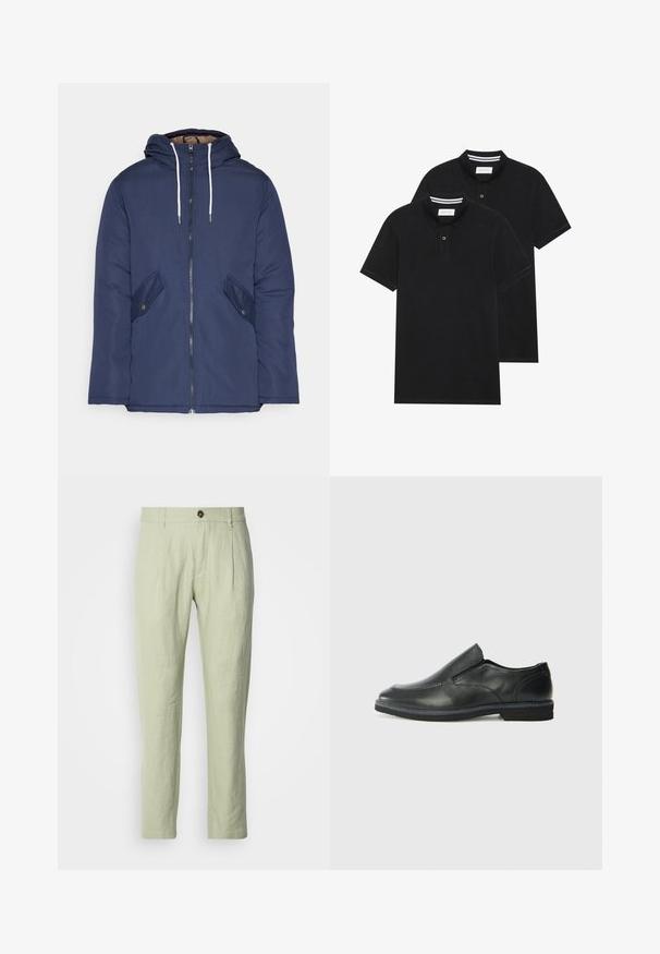 Jūras zila pufīgā jaka ar kapuci, kas aprīkota ar priekšējo rāvējslēdzēju, divām sānu kabatām ar pogām un baltiem aukliņām.; Divas melnas polo krekli, īsām piedurknēm, no kokvilnas materiāla, ar klasisku apkakli, divu pogu aizdari un balti svītroti akcenti apkakles iekšpusē.; Gai zaļi lina bikses ar taisnu piegriezumu, aprīkotas ar priekšējo pogas aizdari, divām priekšējām kabatām un gludu tekstūru.; Melnas ādas slip-on kurpes ar gludu augšdaļu, izšūtām akcentiem, noapaļotu purngala daļu un zemu gumijas papēdi. Zole ar minimālu rakstu.