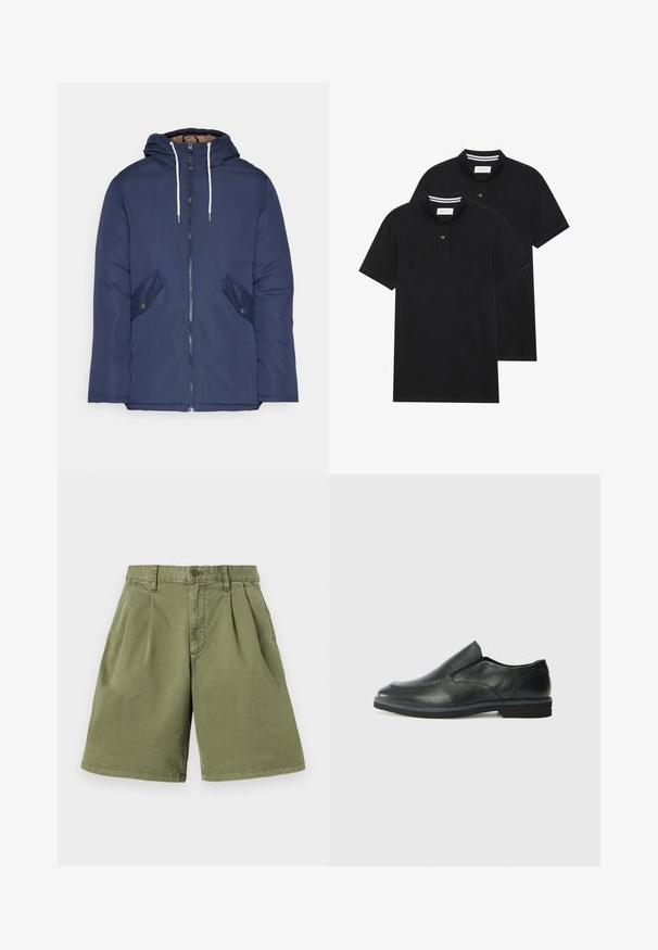 Marineblauwe gewatteerde jas met een capuchon, voorzien van een rits aan de voorkant, twee zijzakken met knopen en witte trekkoorden.; Twee zwarte polo shirts, met korte mouwen, van katoen, met een klassieke kraag, een knoopsluiting met twee knopen en witte gestreepte accenten aan de binnenkant van de kraag.; Khaki shorts met voorplooien, gemaakt van katoenmix stof. Beschikt over riemlussen en knoopsluiting, met rechte pijpen en een nette zoom.; Zwarte leren instapper met een soepele bovenkant, gestikte accenten, ronde neus en een lage rubberen hak. De zool heeft minimale profiel.