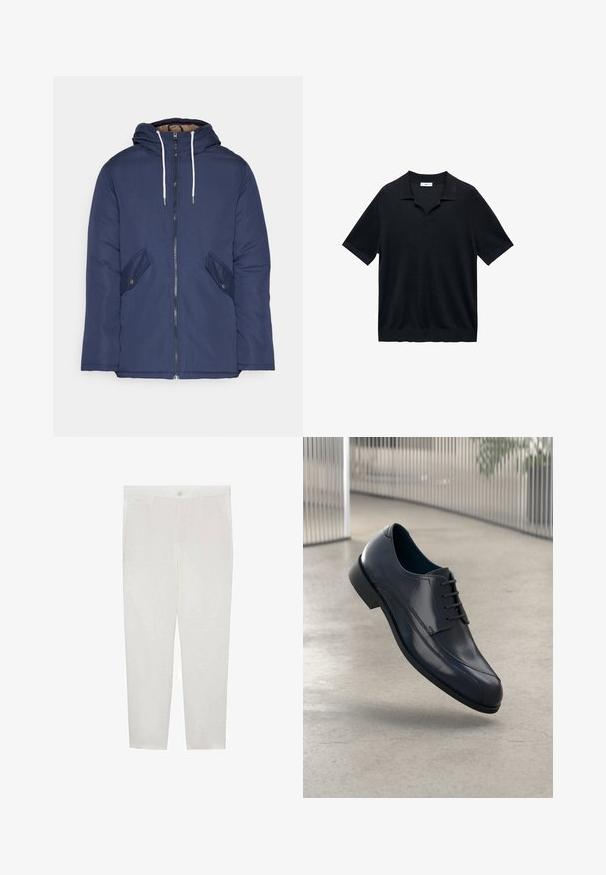 Mornarsko modra podložena jakna s kapuco, ki ima sprednji zadrgo, dva stranska žepa s gumbi in bele vrvice.; Črna polo majica s kratkimi rokavi, ki ima V-izrez, ravni ovratnik in rebrasto teksturo. Material se zdi lahek in gladek.; Mango Hlače chino - white; Svetleče črne usnjene čevlje za obleko z vezalkami, ki lebdi nad gladko, svetlo sivo tlemi ter vertikalnimi kovinskimi palicami v ozadju.