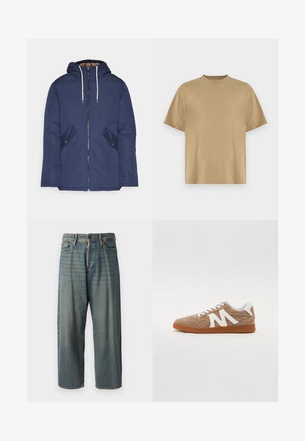 Marineblau gepadded Jacke mit Kapuze, ausgestattet mit einem Reißverschluss vorne, zwei seitlichen Taschen mit Knöpfen und weißen Kordeln.; Khakifarbenes T-Shirt mit kurzen Ärmeln aus weichem Stoff, mit einem Rundhalsausschnitt und einer lockeren Passform. Keine Muster oder Grafiken sichtbar.; Helle blaue Denim-Jeans mit lockerer Passform, mittelhoher Taille und geraden Beinen. Hat fünf Taschen, Gürtelschlaufen und einen Knopfverschluss.; Schnürsneaker mit einem Obermaterial aus braunem Wildleder, weißen Stoffakzenten, gestepptem Design und einer braunen Gummisohle. Verfügt über ein auffälliges "M"-Logo.
