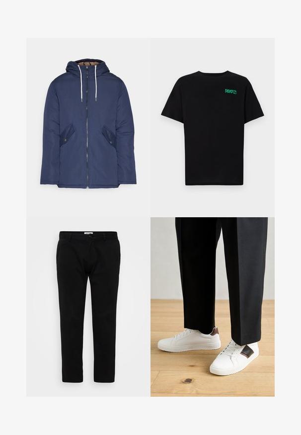Chaqueta acolchada de color azul marino con capucha, cuenta con un cierre frontal de cremallera, dos bolsillos laterales con botones y cordones blancos.; Camiseta negra de algodón con mangas cortas. Presenta un logo verde "ROOTS" en el frente, escote redondo y corte estándar.; Pantalones negros en un diseño ajustado, con un frente plano, trabillas para el cinturón y un cierre de cremallera con botón. Fabricados con una tela suave y resistente.; Zapatillas blancas con textura suave, con acentos de cuero marrón y detalles en negro, combinadas con pantalones negros ajustados. Fondo de suelo de madera.
