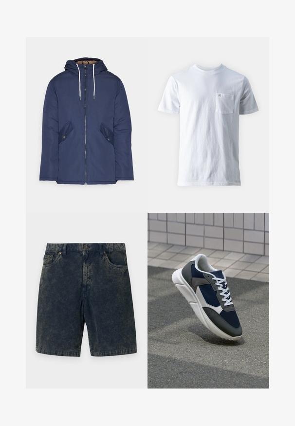 Chaqueta acolchada de color azul marino con capucha, cuenta con un cierre frontal de cremallera, dos bolsillos laterales con botones y cordones blancos.; Camiseta blanca de algodón con cuello redondo, mangas cortas y un bolsillo en el pecho izquierdo, con un pequeño logo en el bolsillo. Textura suave.; Pantalones cortos de pana de color azul oscuro con cierre de botón, dos bolsillos frontales y sutiles rayas más claras en la tela.; Zapatillas con una parte superior de malla azul marino, detalles en gamuza gris, suela de goma blanca y cordones blancos planos, diseñadas para la comodidad y transpirabilidad.