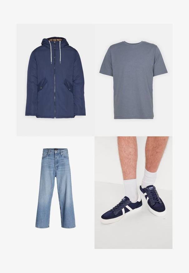 Tumesinine vahtkatseline jakk, millel on kapuuts, esilukk, kaks küljetaskut nupuga ja valged tõmblukud.; Hall hallitusest lühikeste varrukatega T-särk ümmarguse kaelusega, valmistatud pehmest puuvillasegusest kangast. Lihtne disain, ilma mustrite või aktsentideta.; Heledad sinise denimi laiad püksid kõrge vöökoht, nupuga sulgemine, viie tasku disain ja kerge pleekimine. Puhtad äärised.; Tumed sinised spordijalatsid valgete detailide ja paeltega, omavad stiilset disaini, on valmistatud kangast ja kummist, tekstureeritud varba ja külgedega.