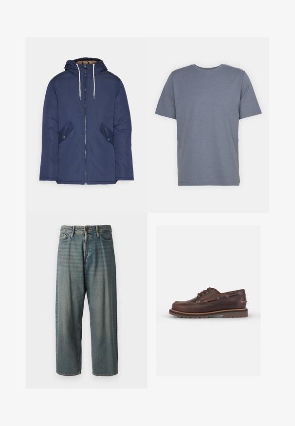 Marineblau gepadded Jacke mit Kapuze, ausgestattet mit einem Reißverschluss vorne, zwei seitlichen Taschen mit Knöpfen und weißen Kordeln.; Graues T-Shirt mit kurzen Ärmeln und Rundhalsausschnitt, aus weichem Baumwollmixstoff gefertigt. Schlichtes Design, keine Muster oder Akzente.; Helle blaue Denim-Jeans mit lockerer Passform, mittelhoher Taille und geraden Beinen. Hat fünf Taschen, Gürtelschlaufen und einen Knopfverschluss.; Braune Lederbootsschuh mit runder Zehenform, sechs Ösen, kontrastierenden Nähten und einer strukturierten Gummisohle.