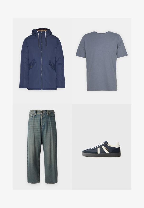 Jachetă căptușită bleu marin cu glugă, având un fermoar frontal, două buzunare laterale cu nasturi și șnururi albe.; Tricou gri cu mânecă scurtă, cu guler rotund, confecționat dintr-un material moale din amestec de bumbac. Design simplu, fără modele sau accente.; Jeans din denim bleu deschis, cu o croială lejeră, talie medie și picioare drepte. Au cinci buzunare, bucle pentru curea și închidere cu nasture.; Adidași de culoare bleu marin cu sireturi albe, două dungi albe pe lateral, talpă neagră și brandul "JACK & JONES" în aurie și negru.