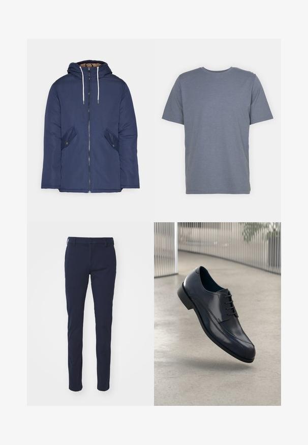 Námorně modrá prošívaná bunda s kapucí, která má přední zip, dvě boční kapsy s knoflíky a bílé šňůrky.; Šedé tričko s krátkým rukávem a kulatým výstřihem, vyrobené z měkké bavlněné směsi. Jednoduchý design, bez vzorů nebo akcentů.; Tmavě modré kalhoty s hladkým povrchem, úzkým střihem, poutky na opasek, zapínáním na knoflík a předními kapsami. Žádné viditelné vzory nebo akcenty.; Lesklá černá kožená společenská obuv s tkaničkami, plovoucí nad hladkým, světle šedým podlahovým povrchem a s vertikálními kovovými pruty v pozadí.
