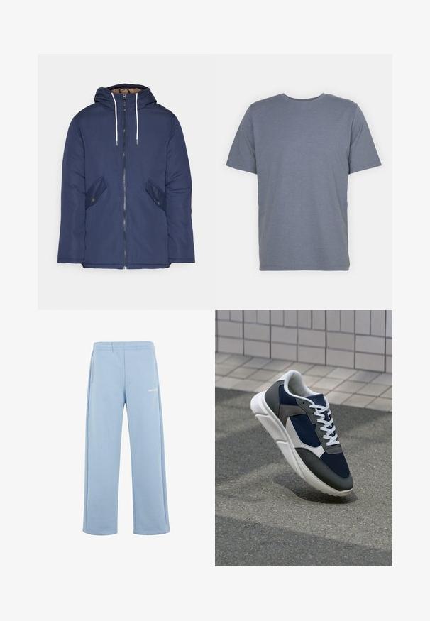 Jūrinė mėlyna pūkinė striukė su kapišonu, turinti priekinį užtrauktuką, dvi šonines kišenes su sagomis ir baltus raiščius.; Pilkas trumpas rankovėmis marškinėliai su apvaliu kaklu, pagaminti iš švelnaus medvilnės mišinio. Paprastas dizainas, be raštų ar akcentų.; Šviesiai mėlynos medvilnės mišinio sportinės kelnės su elastinga juosta, šoninėmis kišenėmis ir baltu logotipu ant kairiojo šlaunies.; Sportiniai bateliai su tamsiai mėlynu tinkliniu viršumi, pilkais zomšiniais akcentais, balta guma padanga ir plokščiomis baltomis raištelėmis, sukurti komfortui ir oro pralaidumui.