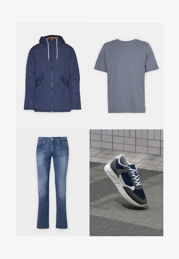 Casaco acolchoado azul-marinho com capuz, apresentando um fecho frontal com zíper, dois bolsos laterais com botões e cordões brancos.; T-shirt cinza de manga curta com gola redonda, feita de um tecido suave em mistura de algodão. Design simples, sem padrões ou detalhes.; Jeans de ganga azul com um design de perna reta, estilo de cinco bolsos, leve desbotamento e um fecho de botão metálico prateado na cintura.; Sapatilha com parte superior em malha azul-marinho, detalhes em camurça cinza, sola de borracha branca e atacadores brancos planos, projetada para conforto e respirabilidade.