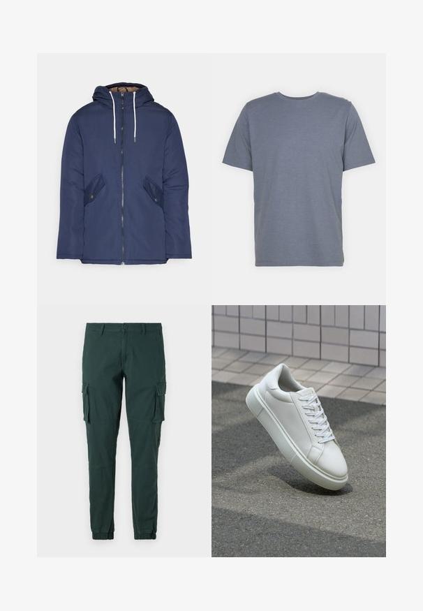Jūrinė mėlyna pūkinė striukė su kapišonu, turinti priekinį užtrauktuką, dvi šonines kišenes su sagomis ir baltus raiščius.; Pilkas trumpas rankovėmis marškinėliai su apvaliu kaklu, pagaminti iš švelnaus medvilnės mišinio. Paprastas dizainas, be raštų ar akcentų.; Žalios kargo kelnės su siauru siluetu, turi elastines rankoves, šonines kišenes ir klasikinį mygtuko uždarymą. Pagamintos iš minkštos, patvarios medžiagos.; Balti odiniai sportbačiai su lygiu paviršiumi, apvalia nosimi ir plokščiomis baltomis raištelėmis. Yra tekstūruotas gumos padas ir minimalizmas dizaino elementuose.