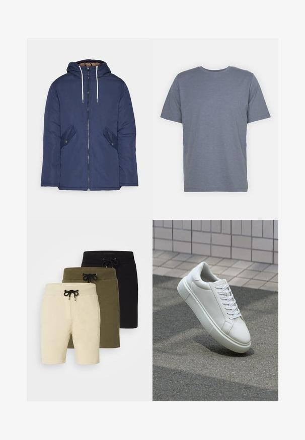 Marineblau gepadded Jacke mit Kapuze, ausgestattet mit einem Reißverschluss vorne, zwei seitlichen Taschen mit Knöpfen und weißen Kordeln.; Graues T-Shirt mit kurzen Ärmeln und Rundhalsausschnitt, aus weichem Baumwollmixstoff gefertigt. Schlichtes Design, keine Muster oder Akzente.; Drei Shorts in Beige, Olivgrün und Schwarz. Jede hat einen Kordelzugbund und Taschen, aus einem weichen, dehnbaren Stoff gefertigt.; Weiße Leder-Sneaker mit glatter Oberfläche, runder Zehenpartie und flachen weißen Schnürsenkeln. Verfügt über eine strukturierte Gummisohle und minimalistische Designelemente.
