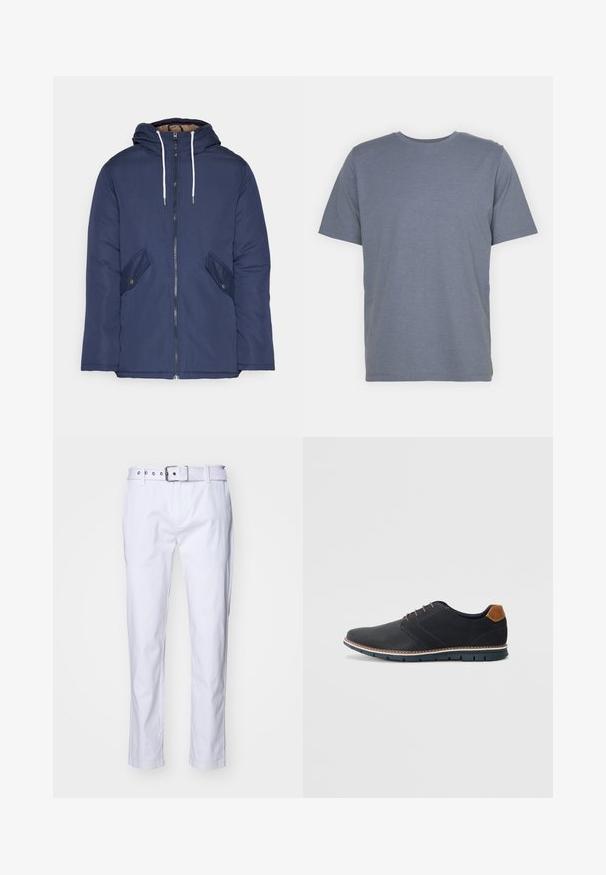 Námornícky modrá vystužená bunda s kapucňou, so zipsom vpredu, dvomi bočnými vreckami s gombíkmi a bielymi šnúrkami.; Šedé tričko s krátkymi rukávmi a okrúhlym výstrihom, vyrobené z jemnej bavlnenej zmesi. Jednoduchý dizajn, bez vzorov alebo akcentov.; Biele bavlnené nohavice s rovnými nohavicami, s textúrovanou tkaninou, pútkami na opasok a zladeným opaskom so strieborným hardvérom.; Čierne syntetické topánky so štruktúrovaným zvrškom, hladkými akcentmi, hnedým opätkom a kontrastnou podrážkou. Majú minimálne šnurovanie a detaily prešitia.