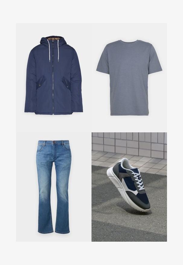 Casaco acolchoado azul-marinho com capuz, apresentando um fecho frontal com zíper, dois bolsos laterais com botões e cordões brancos.; T-shirt cinza de manga curta com gola redonda, feita de um tecido suave em mistura de algodão. Design simples, sem padrões ou detalhes.; Cowboy de ganga azul, com corte flared, apresentando um acabamento desbotado, cinco bolsos e um fecho frontal com botão e cós costurado.; Sapatilha com parte superior em malha azul-marinho, detalhes em camurça cinza, sola de borracha branca e atacadores brancos planos, projetada para conforto e respirabilidade.