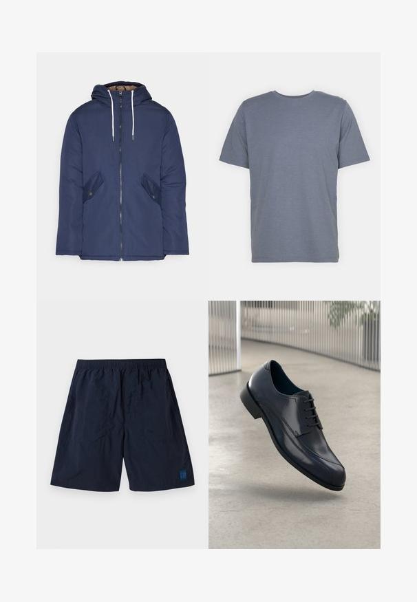 Chaqueta acolchada de color azul marino con capucha, cuenta con un cierre frontal de cremallera, dos bolsillos laterales con botones y cordones blancos.; Camiseta gris de manga corta con cuello redondo, hecha de una suave mezcla de algodón. Diseño simple, sin patrones ni acentos.; Pantalones cortos azul marino confeccionados con un material ligero, con una cinturilla elástica y un pequeño logotipo cuadrado de GAP en la esquina inferior derecha.; Zapato de vestir de cuero negro brillante con cordones, flotando sobre un suelo liso de color gris claro y con barras metálicas verticales en el fondo.