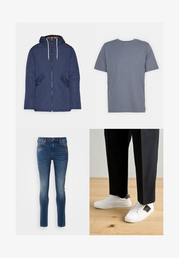Sötétkék bélelt dzseki kapucnival, elülső cipzárral, két oldalsó zsebbel gombokkal és fehér húzózsinórokkal.; Szürke, rövid ujjú póló, kerek nyakkal, puha pamut keverékből készült. Egyszerű dizájn, minta vagy díszítés nélkül.; Slim fit farmer nadrág sötétkék denim anyagból. Öt zseb, övakasztó és enyhe kopás jellemzi. Tűzött részletek kontrasztos világosbarna cérnával.; Fehér sneaker, sima textúrával, barna bőr díszítéssel és fekete részletekkel, fekete szabott nadrággal párosítva. Fából készült padló háttér.