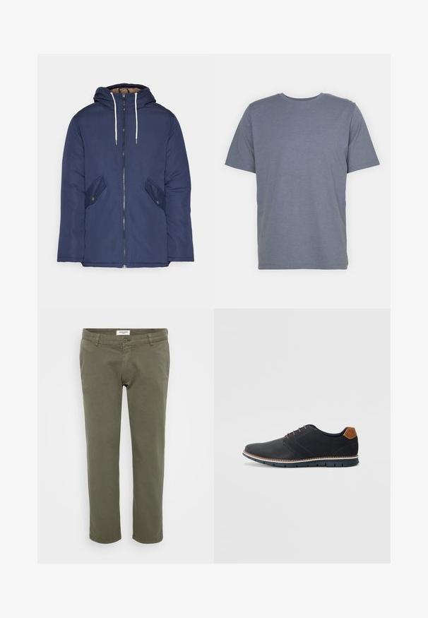 Námornícky modrá vystužená bunda s kapucňou, so zipsom vpredu, dvomi bočnými vreckami s gombíkmi a bielymi šnúrkami.; Šedé tričko s krátkymi rukávmi a okrúhlym výstrihom, vyrobené z jemnej bavlnenej zmesi. Jednoduchý dizajn, bez vzorov alebo akcentov.; Olivovo zelené chinos nohavice so rovnými nohavicami, vyrobené z bavlny s jemnou textúrou, s gombíkovým zapínaním a pútkami na opasok.; Čierne syntetické topánky so štruktúrovaným zvrškom, hladkými akcentmi, hnedým opätkom a kontrastnou podrážkou. Majú minimálne šnurovanie a detaily prešitia.
