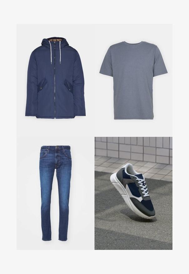 Sötétkék bélelt dzseki kapucnival, elülső cipzárral, két oldalsó zsebbel gombokkal és fehér húzózsinórokkal.; Szürke, rövid ujjú póló, kerek nyakkal, puha pamut keverékből készült. Egyszerű dizájn, minta vagy díszítés nélkül.; Kék farmernadrág slim fit szabásban, öt zsebes dizájnnal és diszkrét kopással. Arany tónusú fém gomb és varrás részletek jellemzik.; Cipő, amelynek sötétkék hálós felsőrésze, szürke velúr díszítései, fehér gumitalpa és lapos fehér fűzője van, a kényelem és a légáteresztő képesség érdekében tervezve.