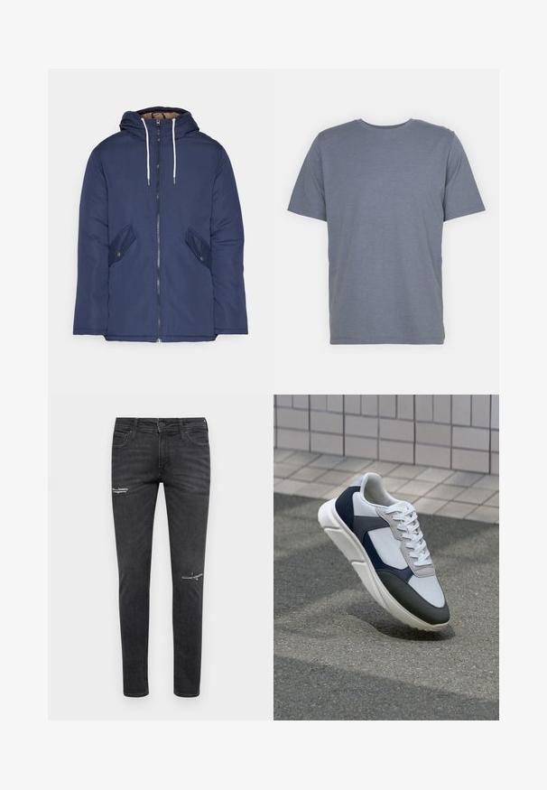 Σακάκι ναυτικού μπλε με επένδυση και κουκούλα, με φερμουάρ μπροστά, δύο πλάγιες τσέπες με κουμπιά και λευκές κορδόνες.; Γκρι κοντομάνικη μπλούζα με στρογγυλή λαιμόκοψη, φτιαγμένη από μαλακό ύφασμα μείγματος βαμβακιού. Απλός σχεδιασμός, χωρίς μοτίβα ή λεπτομέρειες.; Μαύρα λεία τζιν παντελόνια από ντένιμ, με αποσπασμένα σημεία στα γόνατα, σχέδιο με πέντε τσέπες και κλασική κλείσιμο με κουμπί και φερμουάρ.; Λευκά, ναυτικά και γκρι sneakers με σχέδιο από μικτά υλικά, που διαθέτουν υφή στο πάνω μέρος, επίπεδα κορδόνια και μαλακή σόλα.