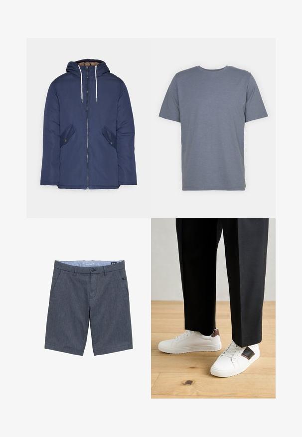 Navy blue padded jacket with a hood, featuring a front zipper, two side pockets with buttons, and white drawstrings.; Gray short-sleeve T-shirt with a round neck, made of soft cotton blend fabric. Simple design, no patterns or accents.; Gray woven shorts with a flat front, side pockets, and a button closure. Features subtle texture and a waistband label.; White sneakers with smooth texture, featuring brown leather accents and black detailing, paired with black tailored pants. Wooden floor background.