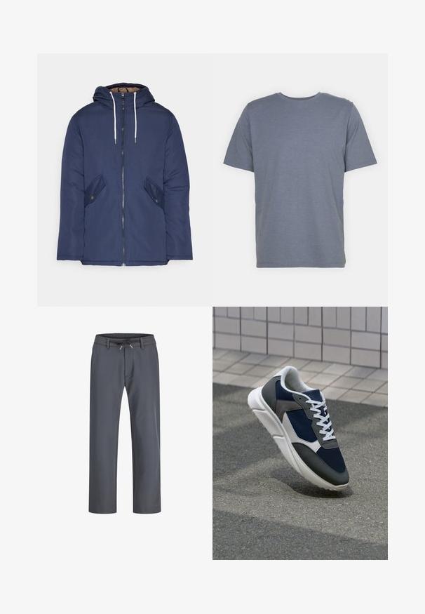 Jachetă căptușită bleu marin cu glugă, având un fermoar frontal, două buzunare laterale cu nasturi și șnururi albe.; Tricou gri cu mânecă scurtă, cu guler rotund, confecționat dintr-un material moale din amestec de bumbac. Design simplu, fără modele sau accente.; Pantaloni gri cu elastic în talie și șnur de ajustare. Design cu pantaloni dreapi, confecționați dintr-un material neted, caracterizați prin cusături minime și fără accesorii vizibile.; Adidași cu un uppers din plasă albastră închisă, accente din suede gri, talpă din cauciuc alb și șireturi plate albe, concepuți pentru confort și respirabilitate.