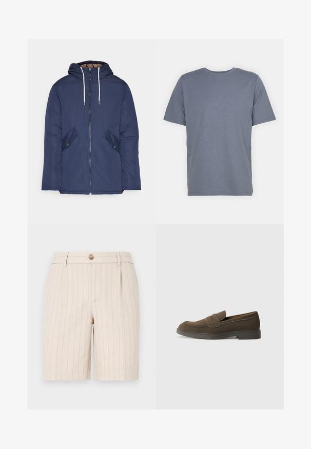 Navy blue padded jacket with a hood, featuring a front zipper, two side pockets with buttons, and white drawstrings.; Gray short-sleeve T-shirt with a round neck, made of soft cotton blend fabric. Simple design, no patterns or accents.; Beige shorts made of a lightweight fabric, featuring a pinstripe pattern, a front button closure, and side pockets.; Brown suede loafer with a rounded toe, a strap across the vamp, and a flat rubber sole. Simple design with clean lines and minimal detailing.