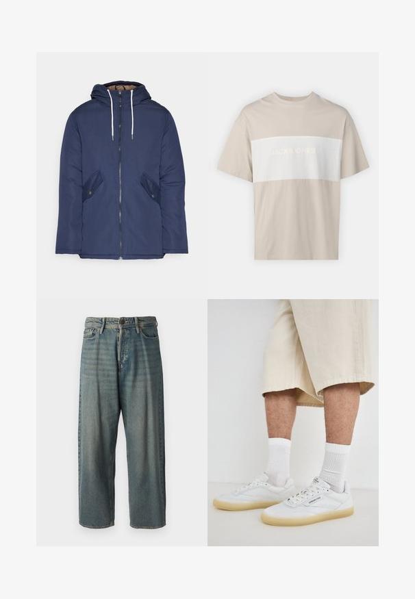 Jachetă căptușită bleu marin cu glugă, având un fermoar frontal, două buzunare laterale cu nasturi și șnururi albe.; Tricou din bumbac bej, cu un panou orizontal alb pe care este inscriptionat textul "JACK & JONES ESSENTIALS WORLDWIDE" în litere embossate. Mâneci scurte.; Jeans din denim bleu deschis, cu o croială lejeră, talie medie și picioare drepte. Au cinci buzunare, bucle pentru curea și închidere cu nasture.; Adidași din piele albă cu tălpi de cauciuc, având accente perforate, șireturi și un logo pe limbă. Purtați cu șosete albe și pantaloni scurți bej.