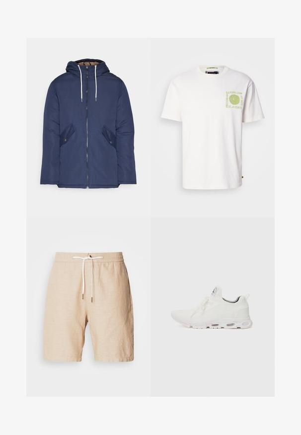 Mørkeblå polstret jakke med hætte, fremhævet af en frontlynlås, to sidelommer med knapper og hvide snore.; Hvid bomuld t-shirt med korte ærmer, der har en grøn abstrakt spiral grafik og tekst på venstre brystområde. Rund halsudskæring.; Beige linnedragt med elastisk talje, justerbar snor og sidelommer. Glat tekstur, knælængde, minimal detaljer.; Hvide atletiske sko med en tekstureret strikket overdel, flade snørebånd og en polstret sål med synlige luftkamre for ekstra støtte.