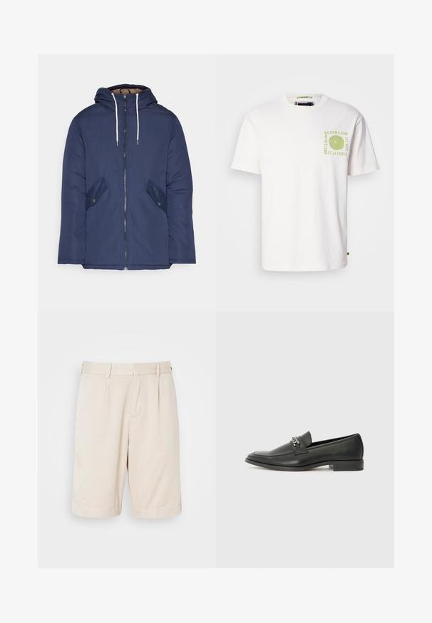 Jūras zila pufīgā jaka ar kapuci, kas aprīkota ar priekšējo rāvējslēdzēju, divām sānu kabatām ar pogām un baltiem aukliņām.; Balta kokvilnas t-krekls ar īsām piedurknēm, ar zaļu abstraktu spirāles grafiku un tekstu kreisajā krūšu pusē. Apaļš izgriezums.; Beige pleitēti šorti, izgatavoti no gludas auduma, ar sānu kabatām un taisnu griezumu, piemēroti ikdienas valkāšanai.; Melna ādas loafer izmēra apavi ar gludu virsmu, piedāvā ar šūtu dizainu un dekoratīvu metāla ķēdes akcentu pār vampu. Plakana papēža daļa.