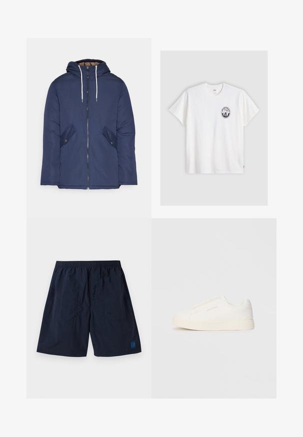 Casaco acolchoado azul-marinho com capuz, apresentando um fecho frontal com zíper, dois bolsos laterais com botões e cordões brancos.; Camiseta branca de algodão com mangas curtas, decote redondo e um logótipo circular preto no lado esquerdo do peito com um design estilizado.; Shorts azul-marinho feitos de material leve, com uma cintura elástica e um pequeno logotipo quadrado da GAP no canto inferior direito.; Sapatilhas brancas de atacar com uma superfície texturizada, sola grossa e design minimalista. Possui o logo da marca na lateral.