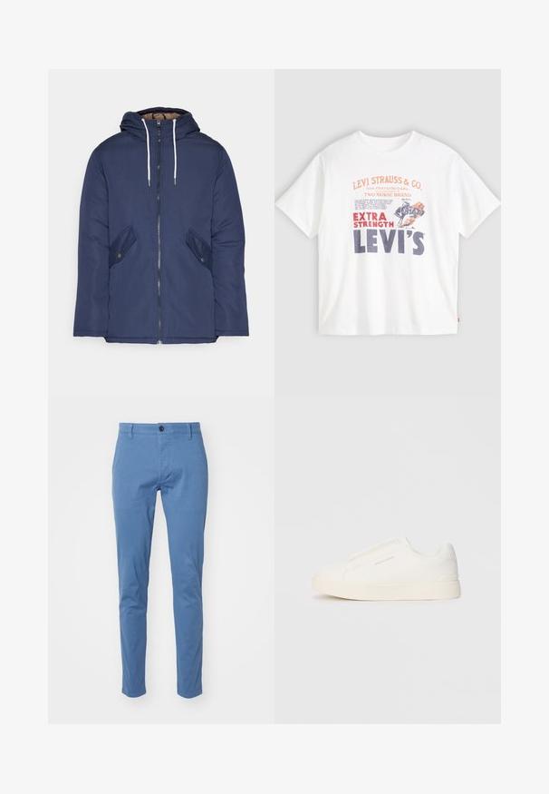 Mornarsko modra podložena jakna s kapuco, ki ima sprednji zadrgo, dva stranska žepa s gumbi in bele vrvice.; Bela bombažna majica s sprednjim grafičnim besedilom v rdeči in mornarsko modri barvi: "LEVI STRAUSS & CO." in "EKSTRA MOČNI LEVI'S" z ilustracijo konja.; DOCKERS SMART SUPREME FLEX SKINNY - Hlače chino - bluefin; Bele zapete brez vezalk z teksturirano površino, debelim podplatom in minimalističnim dizajnom. Na strani se nahaja logotip blagovne znamke.