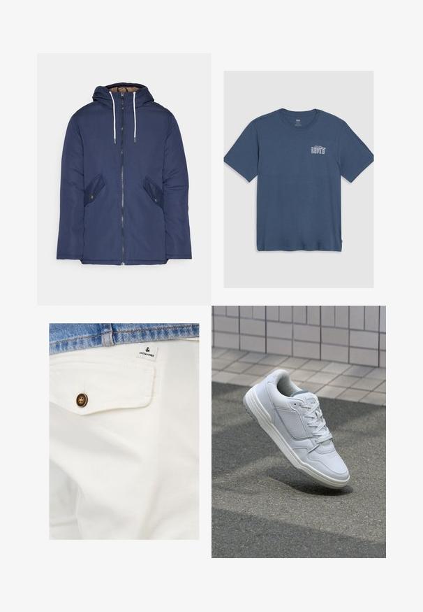 Námornícky modrá vystužená bunda s kapucňou, so zipsom vpredu, dvomi bočnými vreckami s gombíkmi a bielymi šnúrkami.; Modrá bavlnená tričko s okrúhlym výstrihom a krátkymi rukávmi. Na ľavej strane hrude je natlačené biele logo "Levi's". Jednoduchý dizajn.; Biele bavlnené šortky s predným vreckom, s hnedým gombíkom a malou nášivkou JACK & JONES pri páse.; Biele kožené tenisky s perforovanými stranami, textúrovanými akcentmi, plochými šnúrkami a kontrastnou sivou pätou. Majú mierne zvýšenú podrážku.
