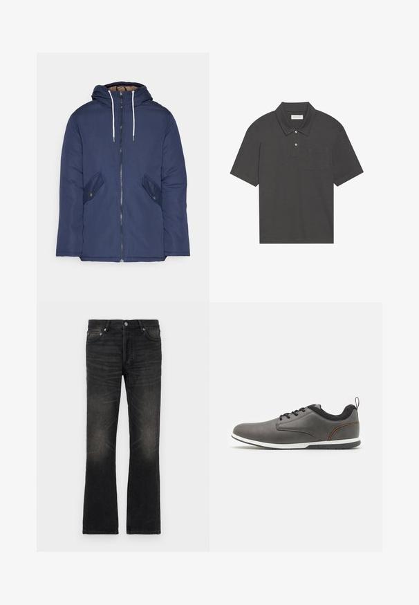 Navy blue padded jacket with a hood, featuring a front zipper, two side pockets with buttons, and white drawstrings.; Dark gray polo shirt with a traditional collar, three-button placket, short sleeves, and a left chest pocket. Smooth fabric texture.; Black denim flared jeans with a faded finish, five pockets, and silver hardware. Features a classic waistband and slightly textured fabric.; Gray leather shoes with black accents, featuring a rounded toe, lace-up design, white sole, and a small pull tab at the heel.