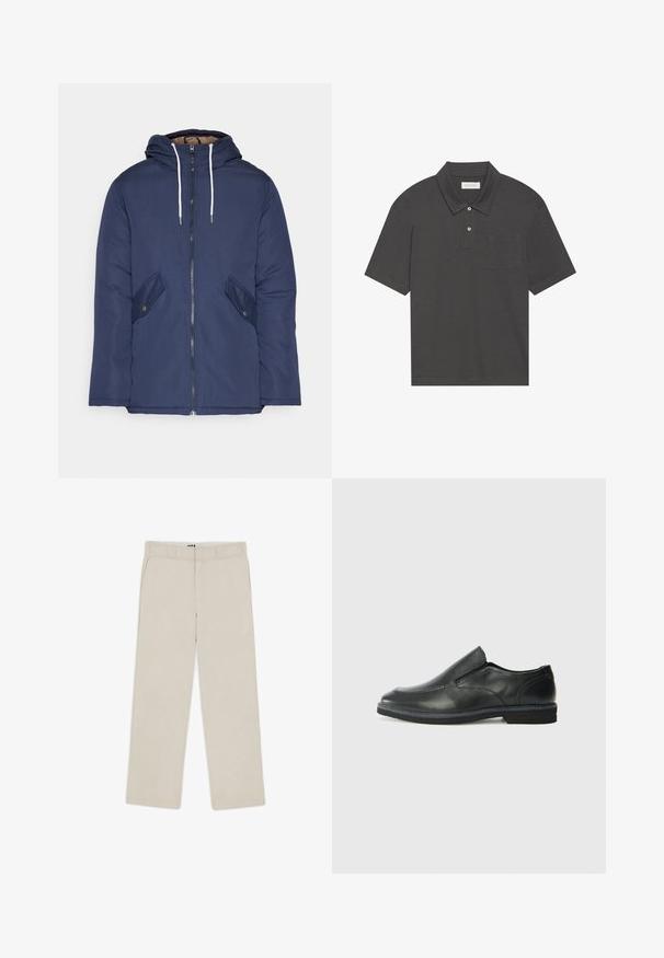 Navy blue padded jacket with a hood, featuring a front zipper, two side pockets with buttons, and white drawstrings.; Dark gray polo shirt with a traditional collar, three-button placket, short sleeves, and a left chest pocket. Smooth fabric texture.; Beige wide-leg pants with a smooth texture, featuring belt loops, two front pockets, and a zip fly closure. Minimalist design.; Black leather slip-on shoe with a smooth upper, stitched accents, rounded toe, and a low rubber heel. Sole features minimal tread.