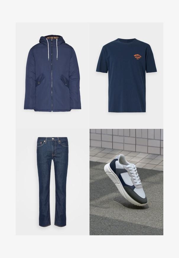 Chaqueta acolchada de color azul marino con capucha, cuenta con un cierre frontal de cremallera, dos bolsillos laterales con botones y cordones blancos.; Camiseta de algodón azul marino con mangas cortas, cuello redondo y un logo bordado en naranja de "Wrangler Jeans 1947" en el pecho.; Vaqueros azul oscuro de mezclilla, con corte recto, costuras en contraste, cinco bolsillos y cremallera con cierre de botón.; Zapatilla blanca, azul marino y gris con un diseño de materiales mixtos, que presenta una parte superior texturizada, cordones planos y una suela acolchada.