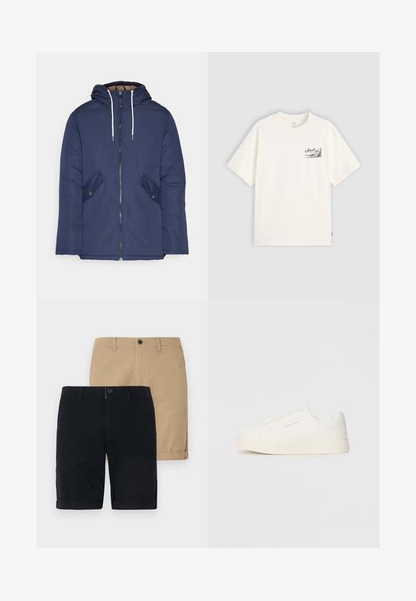 Sötétkék bélelt dzseki kapucnival, elülső cipzárral, két oldalsó zsebbel gombokkal és fehér húzózsinórokkal.; Fehér, rövid ujjú pamut póló, fekete grafikai dizájnnal a bal mellrészen, rajta a "Fresh" szóval.; Két pár rövidnadrág: az egyik sötétkék, a másik khaki színű. Mindkettő pamutból készült, lapos elülső résszel, felcsupasztható szájjal és gombos záródással rendelkezik.; Fehér slip-on sportcipők texturált felülettel, vastag talppal és minimalista dizájnnal. Az oldalon a márka logója található.