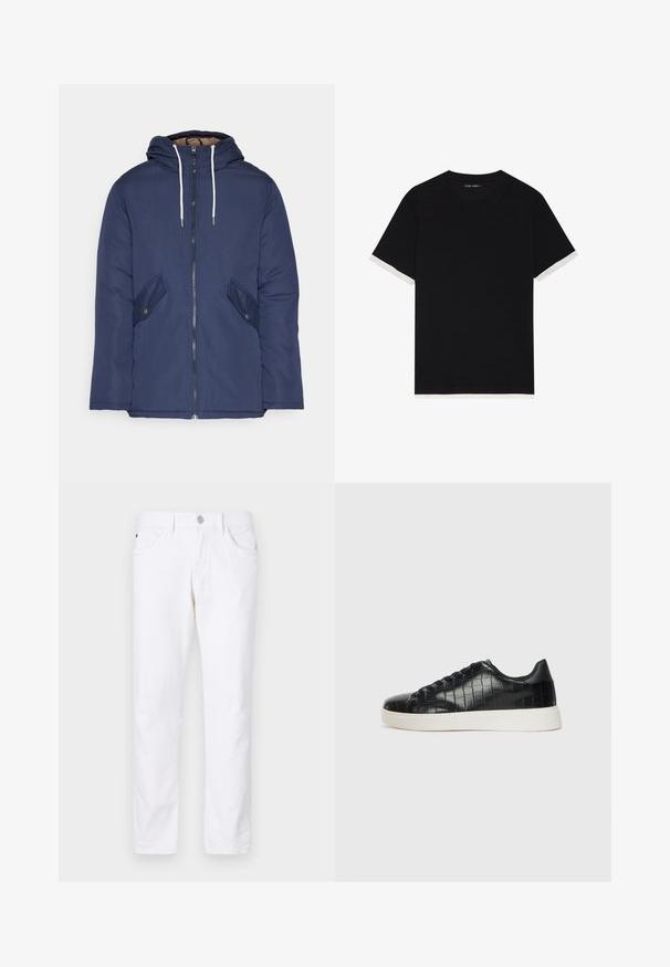 Casaco acolchoado azul-marinho com capuz, apresentando um fecho frontal com zíper, dois bolsos laterais com botões e cordões brancos.; T-shirt preto de manga curta com um tecido texturizado, apresentando detalhes brancos nas mangas. Decote arredondado, ajuste descontraído.; Jeans de algodão brancos com um design de perna reta, apresentando um fecho de botão, cinco bolsos e detalhes de costura discretos.; Tênis pretos com cabedal em couro texturizado com relevo de crocodilo, bico arredondado e sola de borracha branca em contraste, com acabamento suave.