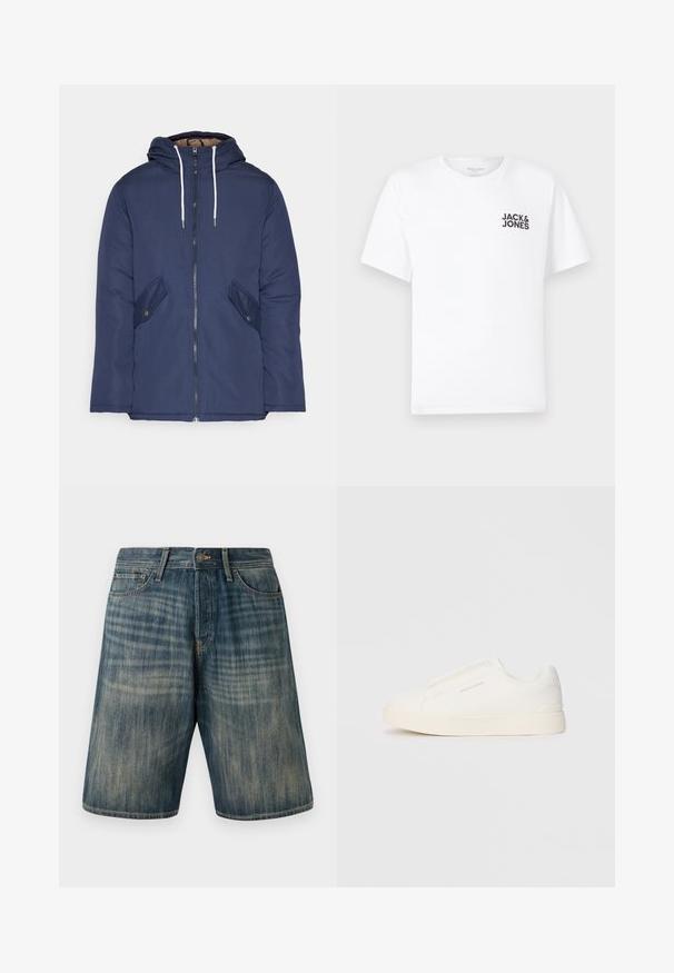 Chaqueta acolchada de color azul marino con capucha, cuenta con un cierre frontal de cremallera, dos bolsillos laterales con botones y cordones blancos.; Camiseta de algodón blanca, de manga corta, cuello redondo. Presenta el logo de texto en negro "JACK & JONES" en el área del pecho izquierdo. Diseño simple y liso.; Shorts de mezclilla en azul claro con un lavado desvanecido, que presentan cinco bolsillos, presillas para el cinturón y un cierre de botón en la cintura.; Zapatillas blancas tipo slip-on con una superficie texturizada, suela gruesa y diseño minimalista. Presenta el logo de la marca en un lado.