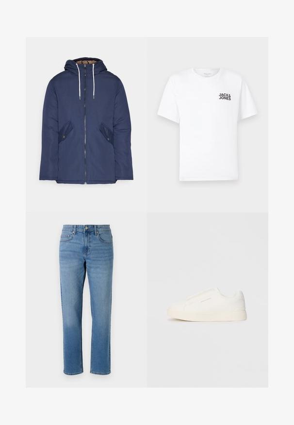 Jūras zila pufīgā jaka ar kapuci, kas aprīkota ar priekšējo rāvējslēdzēju, divām sānu kabatām ar pogām un baltiem aukliņām.; Balts kokvilnas t-krekls, īsām piedurknēm, apaļo kakla izgriezumu. Uz kreisās krūts daļas ir melna teksta druka "JACK & JONES". Vienkāršs, bezpušķains dizains.; Gai zila denima bikses ar taisnu piegriezumu, piecu kabatu dizainu, pogu aizdari un kontrastējošām šuvēm.; Baltas slip-on sporta apavi ar teksturētu virsmu, biezu zoli un minimālistisku dizainu. Sānos redzams zīmola logotips.