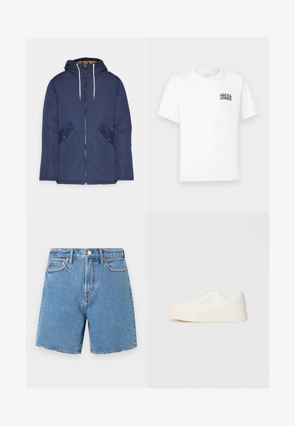 Tumesinine vahtkatseline jakk, millel on kapuuts, esilukk, kaks küljetaskut nupuga ja valged tõmblukud.; Valge puuvillane T-särk, lühikeste varrukatega, ümmarguse kaelusega. Vasakul rinnal on musta teksti logoga "JACK & JONES". Lihtne, üksikasjadeta disain.; Heledad teksari lühikesed püksid helesinises värvitoonis. Ühtne kangas, millel on viis taskut, nupukinnitus ja diskreetne õmblus soonte ja taskute ääres.; Valged libisemiskindlad tossud tekstuuriga pinnaga, paksu tallaga ja minimalistikus disainis. Küljel on brändi logo.