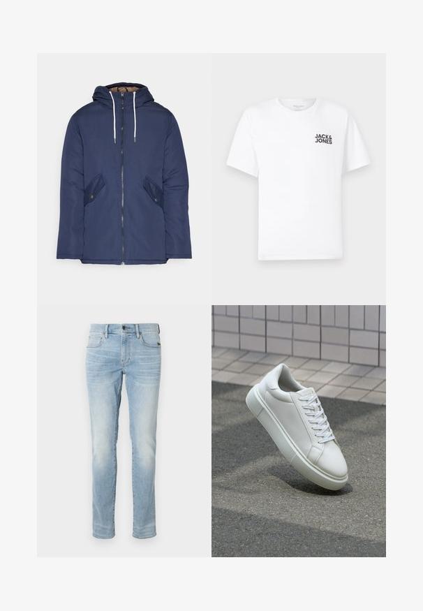 Jūrinė mėlyna pūkinė striukė su kapišonu, turinti priekinį užtrauktuką, dvi šonines kišenes su sagomis ir baltus raiščius.; Balta medvilnės marškinėliai su trumpomis rankovėmis ir apvalia kaklo iškirpte. Kairėje krūtinės pusėje yra juodas tekstas "JACK & JONES". Paprastas, vientisas dizainas.; Šviesiai mėlynos liesos džinsai su priekiniais mygtukais, užtrauktuku ir penkių kišenių dizainu, rodomi ant paprasto balto fono.; Balti odiniai sportbačiai su lygiu paviršiumi, apvalia nosimi ir plokščiomis baltomis raištelėmis. Yra tekstūruotas gumos padas ir minimalizmas dizaino elementuose.