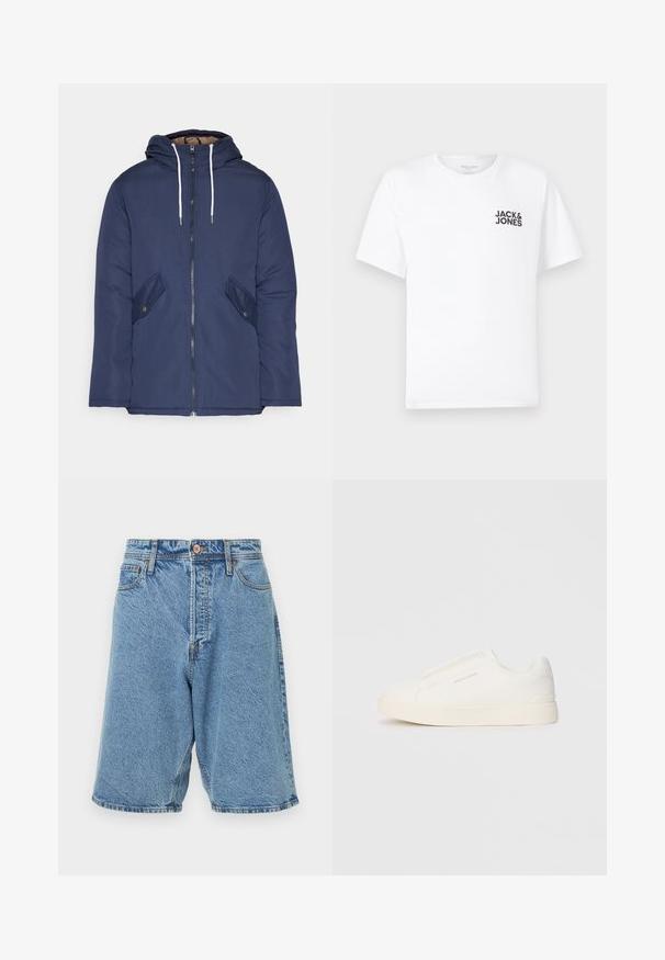 Chaqueta acolchada de color azul marino con capucha, cuenta con un cierre frontal de cremallera, dos bolsillos laterales con botones y cordones blancos.; Camiseta de algodón blanca, de manga corta, cuello redondo. Presenta el logo de texto en negro "JACK & JONES" en el área del pecho izquierdo. Diseño simple y liso.; Shorts de mezclilla en azul claro con una textura desgastada. Con cierre frontal de botón, trabillas para cinturón y bolsillos laterales. Acentos de costura pesada.; Zapatillas blancas tipo slip-on con una superficie texturizada, suela gruesa y diseño minimalista. Presenta el logo de la marca en un lado.