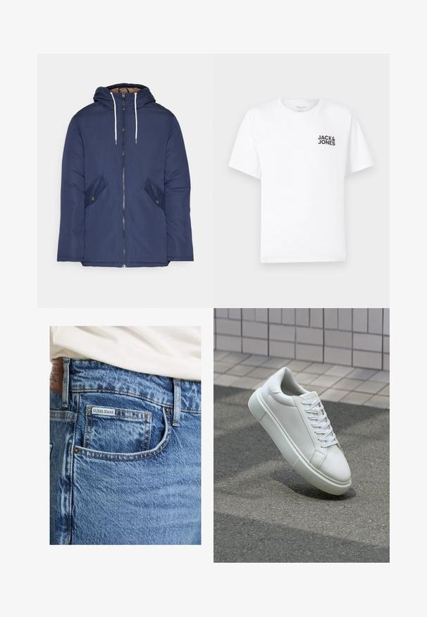 Marineblauwe gewatteerde jas met een capuchon, voorzien van een rits aan de voorkant, twee zijzakken met knopen en witte trekkoorden.; Witte katoenen t-shirt, korte mouwen, ronde hals. Kenmerkt zich door het zwarte tekstlogo "JACK & JONES" op de linkerkant van de borst. Eenvoudig, strak ontwerp.; Verbleekte blauwe denim jeans met een close-up weergave van een Guess Jeans-label op de achterzak en contrasterende stiksels langs de naden.; Witte leren sneaker met een glad oppervlak, ronde neus en platte witte veters. Voorzien van een gestructureerde rubberen zool en minimale ontwerpelementen.