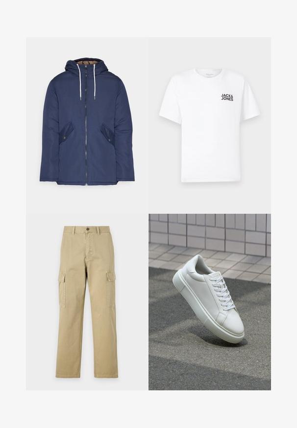 Marineblå polstret jakke med hette, med glidelås foran, to sidelommer med knapper og hvite snorer.; Hvit bomull T-skjorte, korte ermer, rund hals. Har svart tekstlogo "JACK & JONES" på venstre brystområde. Enkel, ensfarget design.; Beige cargo bukser laget av bomull, med to sidelommer, knappelukking, og rette ben med et lett strukturert stoff.; Hvit lær sneaker med glatt overflate, rund tå og flate hvite snøringer. Har en teksturert gummisåle og minimale design elementer.