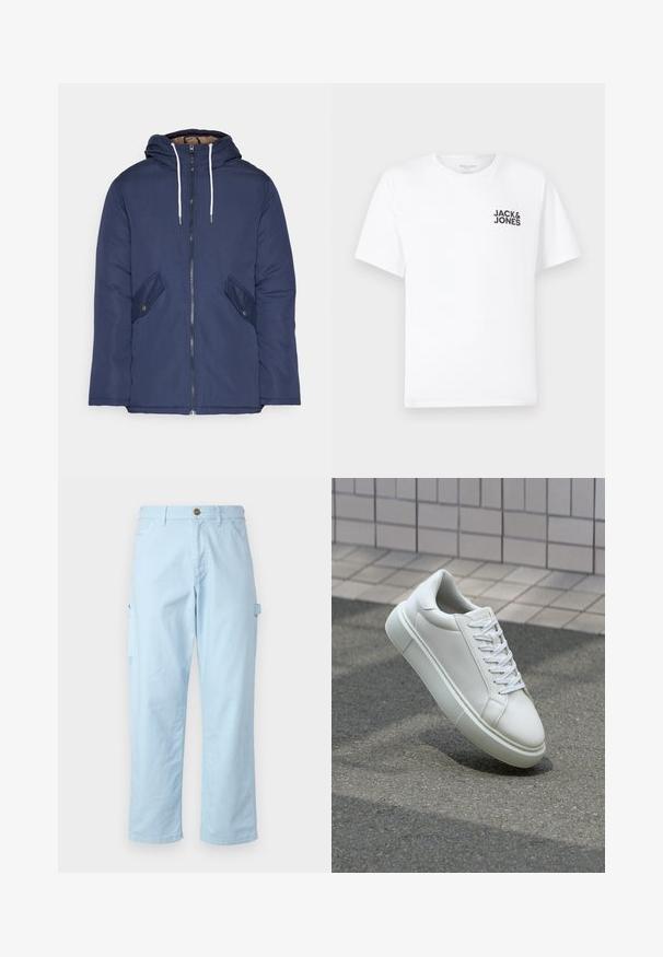 Chaqueta acolchada de color azul marino con capucha, cuenta con un cierre frontal de cremallera, dos bolsillos laterales con botones y cordones blancos.; Camiseta de algodón blanca, de manga corta, cuello redondo. Presenta el logo de texto en negro "JACK & JONES" en el área del pecho izquierdo. Diseño simple y liso.; Pantalones cargo de color azul claro hechos de algodón suave con un corte recto, que cuentan con bolsillos laterales y un cierre de botón en la cintura.; Zapatilla de cuero blanca con una superficie lisa, punta redonda y cordones blancos planos. Presenta una suela de goma texturizada y elementos de diseño mínimos.