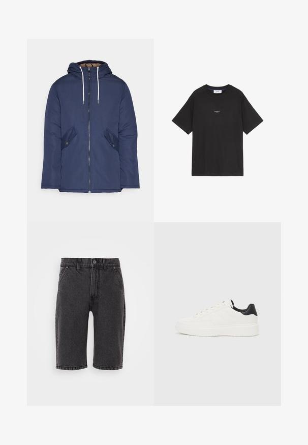 Sötétkék bélelt dzseki kapucnival, elülső cipzárral, két oldalsó zsebbel gombokkal és fehér húzózsinórokkal.; Fekete pamut póló kerek nyakkivágással és rövid ujjakkal. Elöl egy kisebb fehér logó található. Egyszerű dizájn, laza szabású.; Fekete farmer rövidnadrág egyenes szabással, gombos és cipzáras záródással, öt zsebbel és diszkrét varrási részletekkel.; Fehér bőr sportcipő, dombornyomott mintával, texturált fehér középtalppal és fekete sarokbetéttel. Kerek orrú és lapos fűzőkkel rendelkezik.